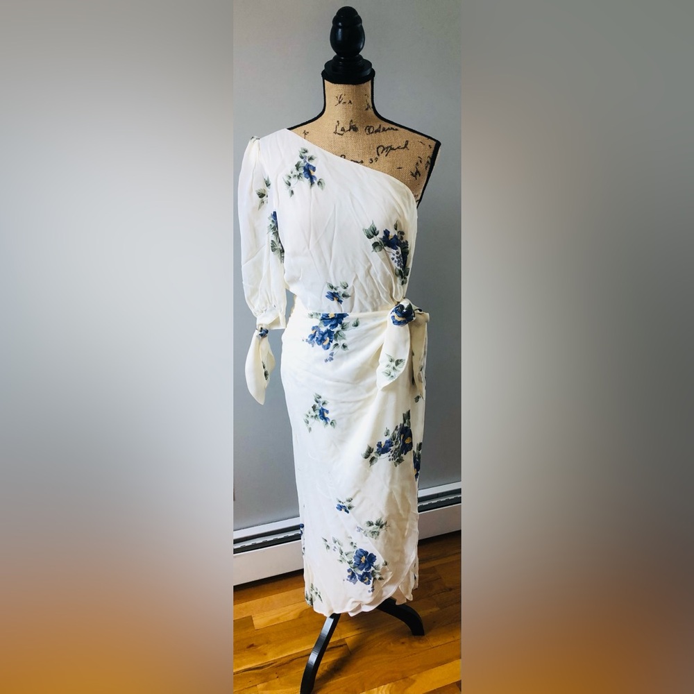 REFORMATION ONE SHOULDER WHITE & BLUE FLORAL PRINT COTTAGECORE MIDI